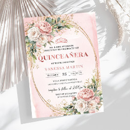 Invitación Blush Pink Flowers Eucalyptus Quinceañera Invite