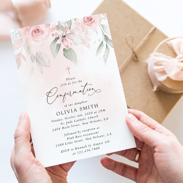 Invitación Blush Pink Flowers, Greenery, Floral Confirmation (Subido por el creador)