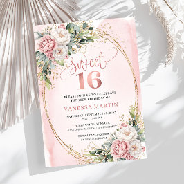 Invitación Blush Pink Flowers with Greenery Sweet Sixteen