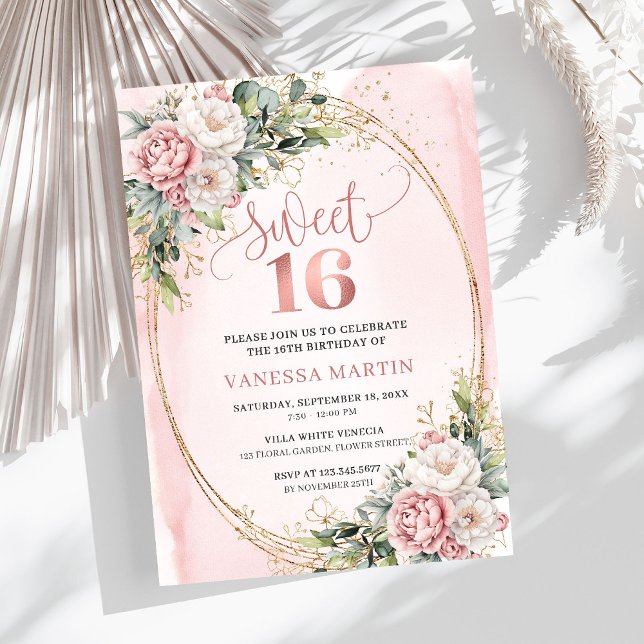 Invitación Blush Pink Flowers with Greenery Sweet Sixteen  (Blush Pink Flowers with Greenery Sweet Sixteen Invite)