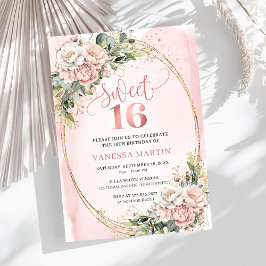 Invitación Blush Pink Flowers with Greenery Sweet Sixteen