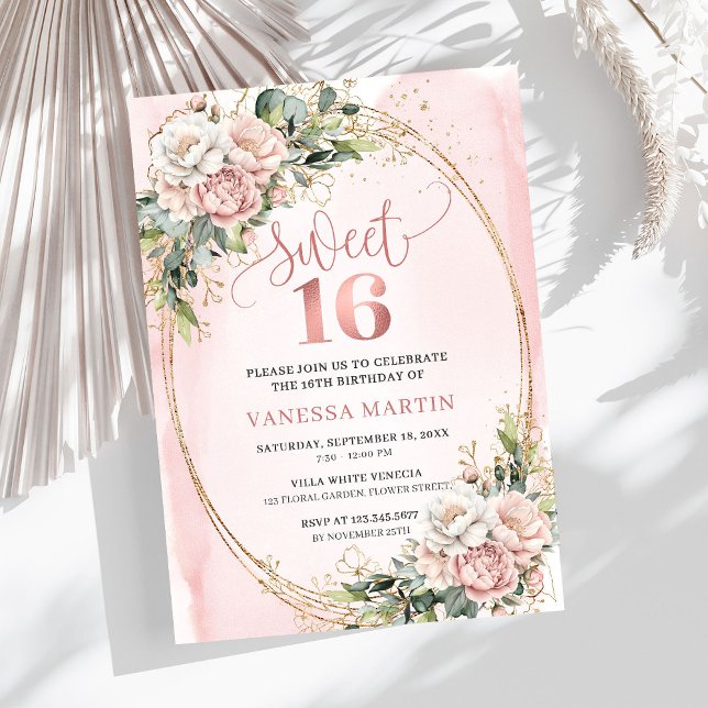 Invitación Blush Pink Flowers with Greenery Sweet Sixteen  (Blush Pink Flowers with Greenery Sweet Sixteen Invite)