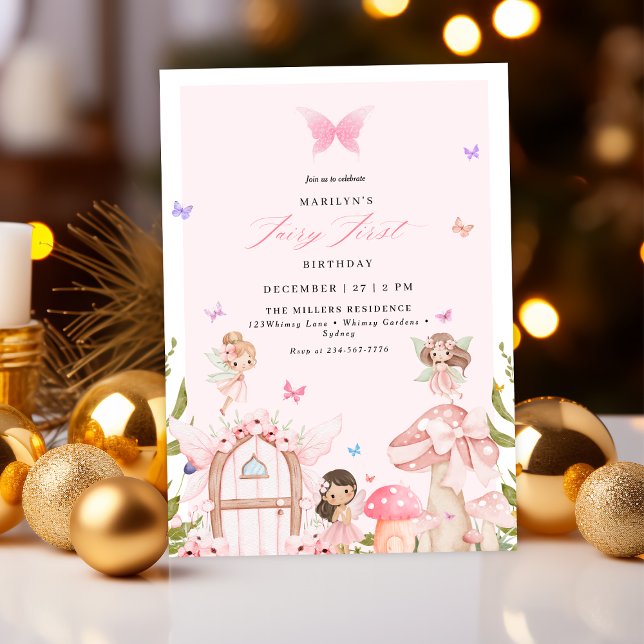 Invitación Blush Pink Forest Butterflies Fairy First Birthday (Subido por el creador)