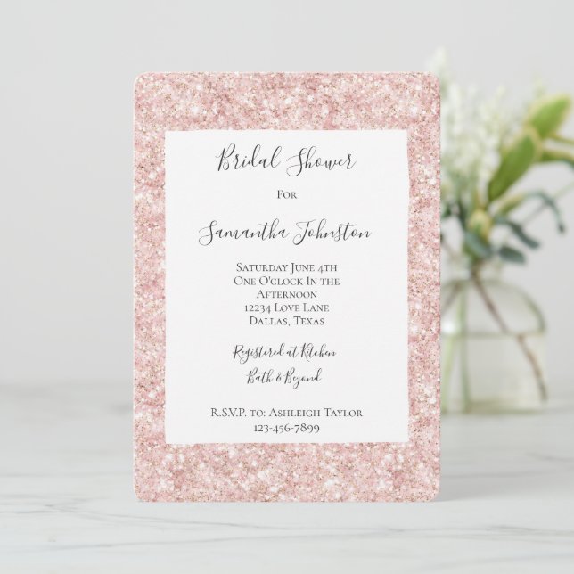 Invitación Blush Pink Glitzy Glitter Sparkle Bridal Shower (Anverso de pie)