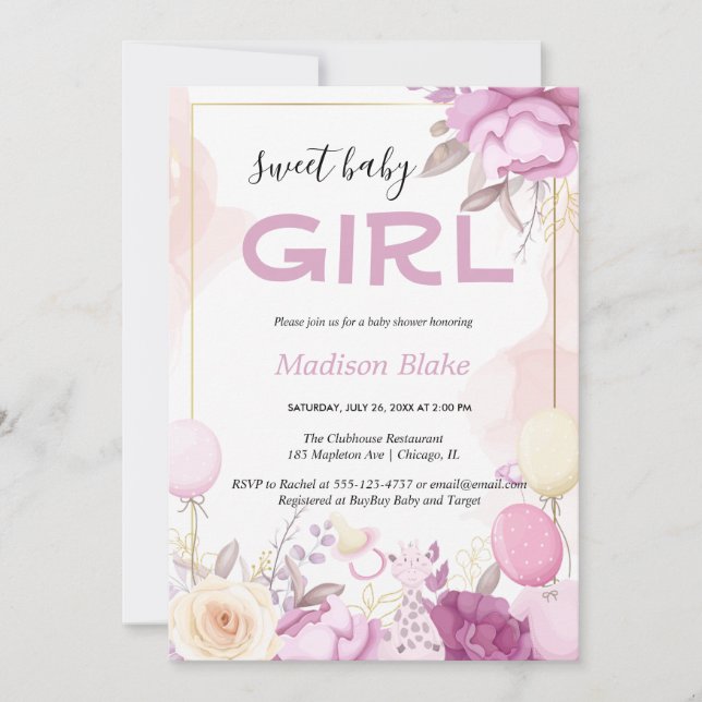Invitación Blush pink gold Floral Girl baby shower (Anverso)