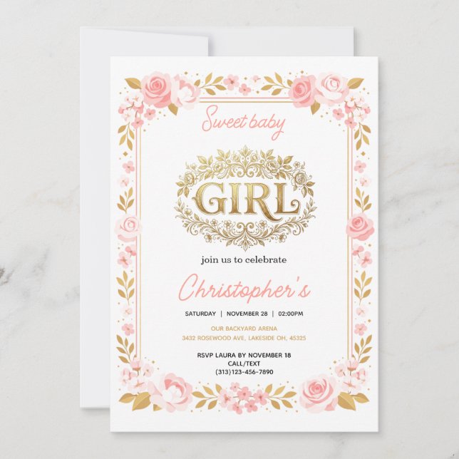 Invitación Blush Pink & Gold Floral Girl Baby Shower (Anverso)