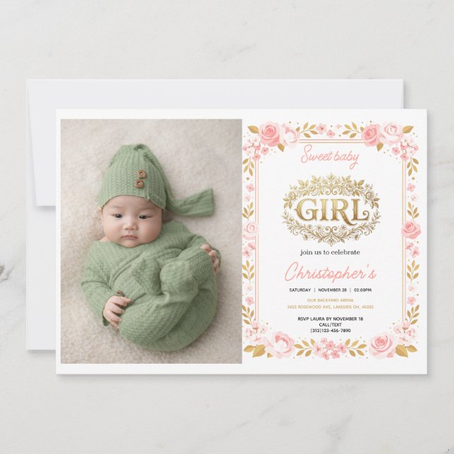 Invitación Blush Pink & Gold Floral Girl Baby Shower photo (Anverso)