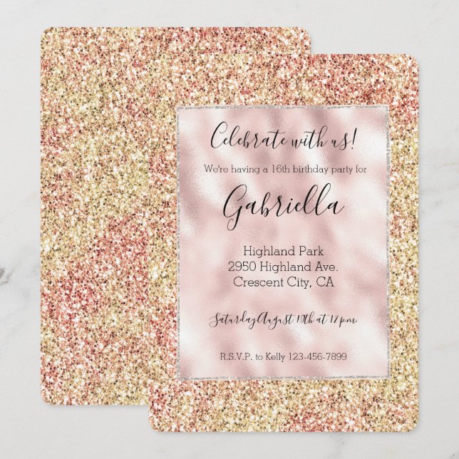 Invitación Blush Pink Gold Glitter Ombre (Anverso / Reverso)