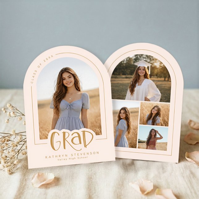 Invitación Blush Pink Gold Modern 5 Photo Grad Announcement (Front + Back View)