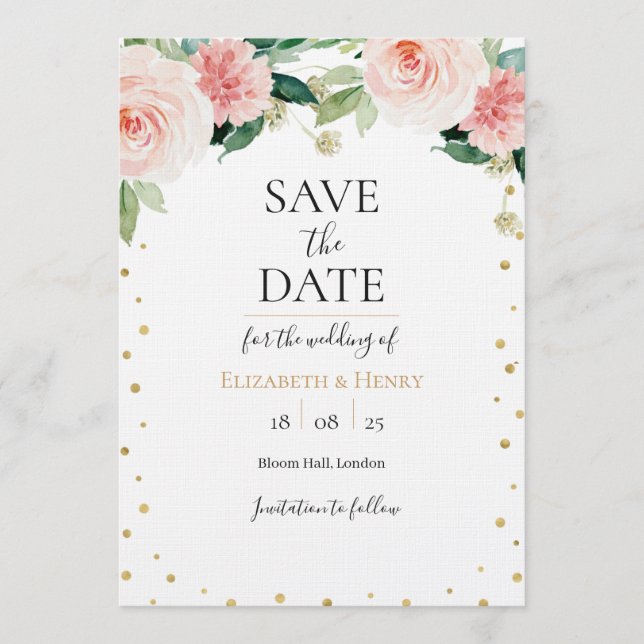 Invitación Blush pink gold peony floral wedding save the date (Anverso)