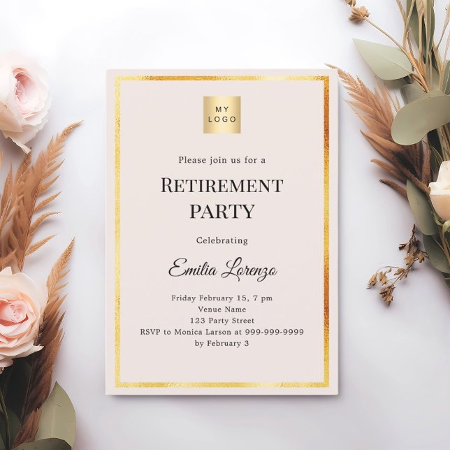 Invitación Blush pink gold retirement party business logo (Subido por el creador)