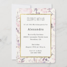 Invitación Blush Pink Hearts Purple Flowers Birthday