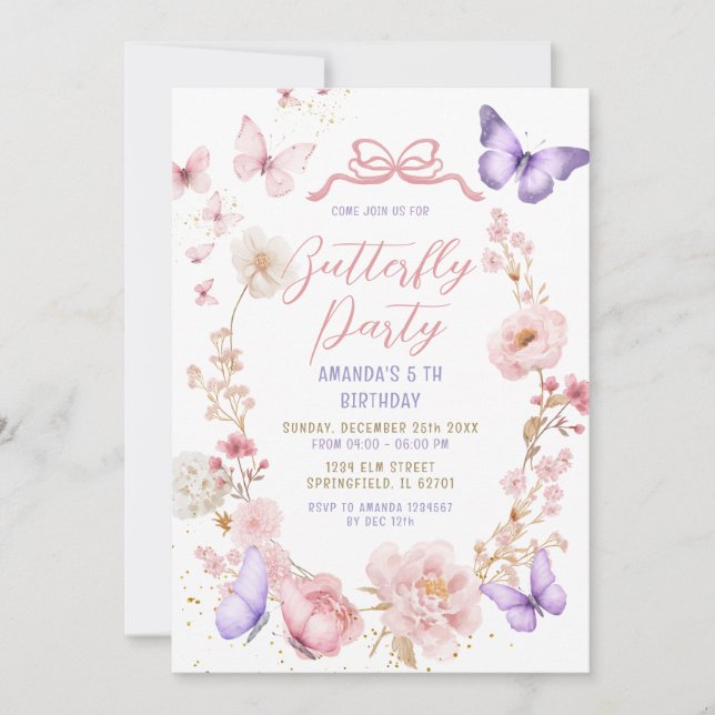 Invitación Blush Pink Lavender Purple Butterflies Birthday  (Anverso)