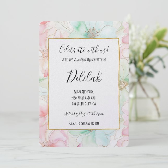 Invitación Blush Pink Mint Flowers Birthday (Anverso de pie)