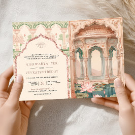 Invitación Blush Pink Mint Green Lotus Garden Indian Wedding