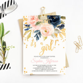 Invitación Blush Pink, Navy & Gold Baby Shower Invitation