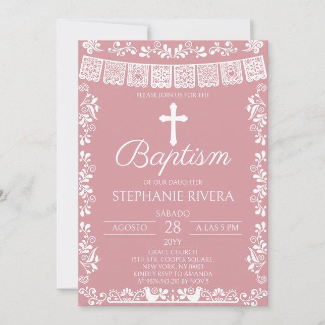Invitación Blush Pink Papel Picado Baptism (Anverso)