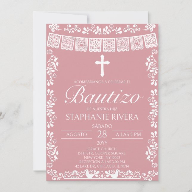 Invitación Blush Pink Papel Picado Spanish Bautizo (Anverso)