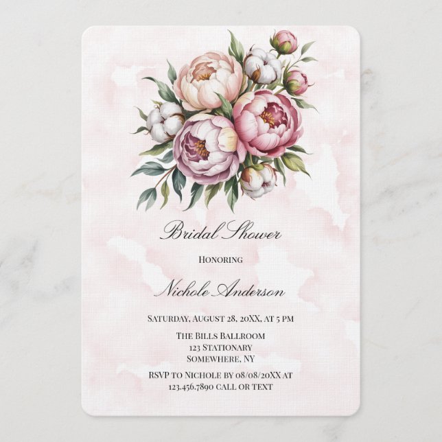 Invitación Blush Pink Peony and Cotton Bridal Shower  (Anverso)