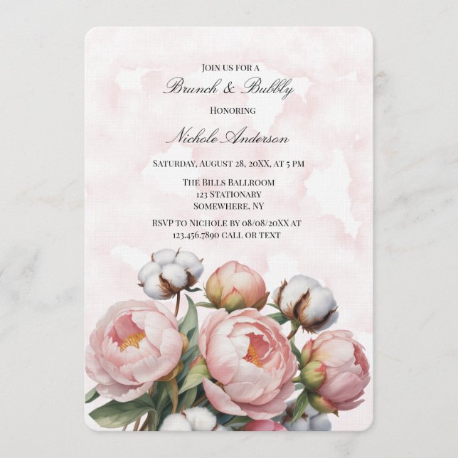 Invitación Blush Pink Peony and Cotton Brunch & Bubbly (Anverso)