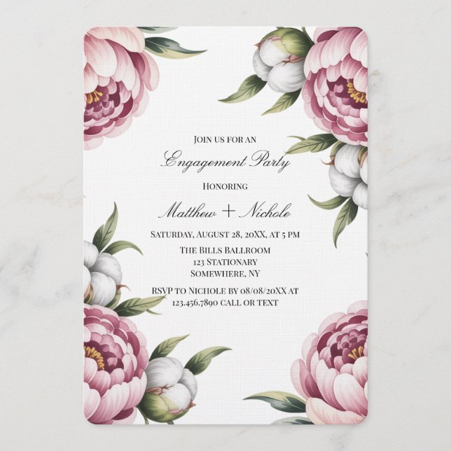 Invitación Blush Pink Peony and Cotton Engagement Party (Anverso)