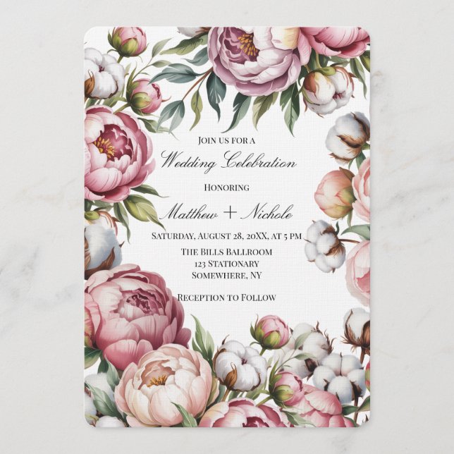Invitación Blush Pink Peony and Cotton Wedding Celebration (Anverso)