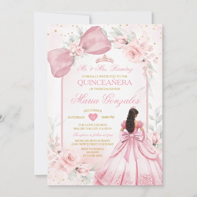 Invitación Blush Pink Princess Dress Bow Floral Quinceañera (Anverso)