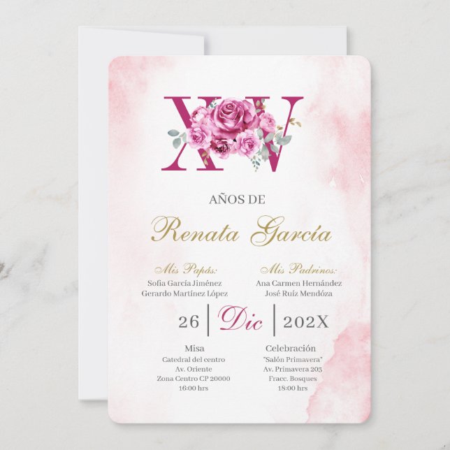 Invitación Blush pink quinceañera with pink rose (Anverso)