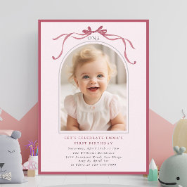 Invitación Blush Pink Red Bow Girl 1st Birthday Arch Photo