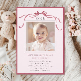 Invitación Blush Pink Red Bow Girl 1st Birthday Party