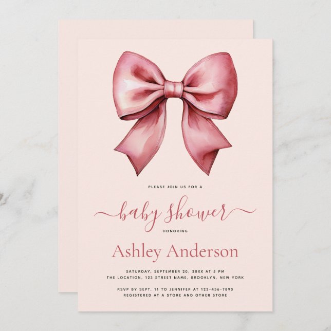 Invitación Blush Pink Red Bow Girl Baby Shower (Anverso / Reverso)