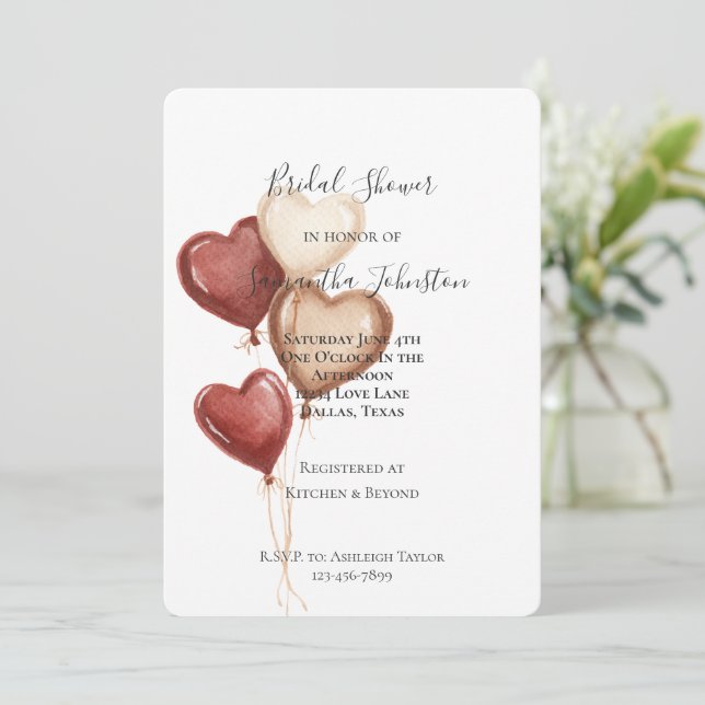 Invitación Blush Pink Red Cream Heart Balloons Bridal Shower (Anverso de pie)