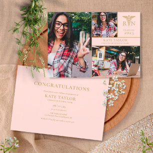 Invitación Blush Pink RN Nursing 3 Photo Graduation Party