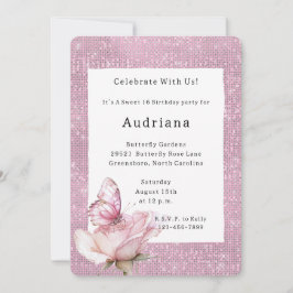 Invitación Blush Pink Rose Butterfly Sparkle Birthday