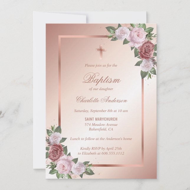Invitación Blush Pink Rose Gold Floral Girl Baptism (Anverso)