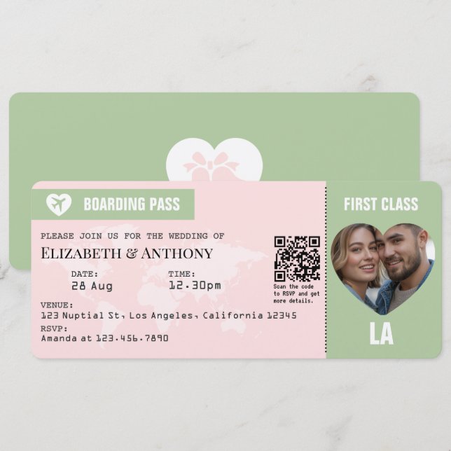 Invitación Blush Pink & Sage Green Boarding Pass Wedding (Anverso / Reverso)