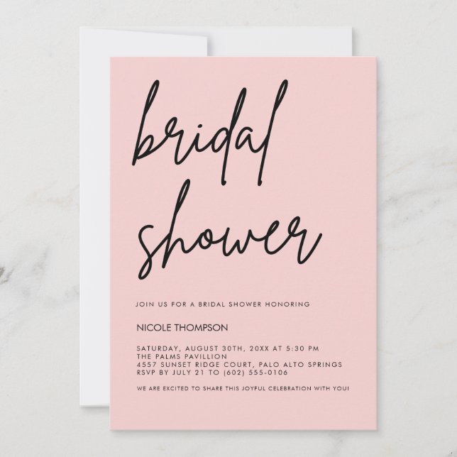 Invitación Blush Pink Script Modern Bridal Shower Invitation  (Anverso)