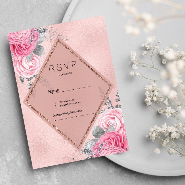 Invitación Blush pink silver glitter peony floral RSVP  (Blush pink silver glitter peony floral RSVP )