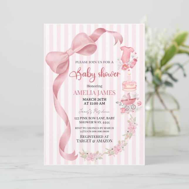 Invitación Blush Pink Striped Coquette Bow Girl Baby Shower (Anverso de pie)