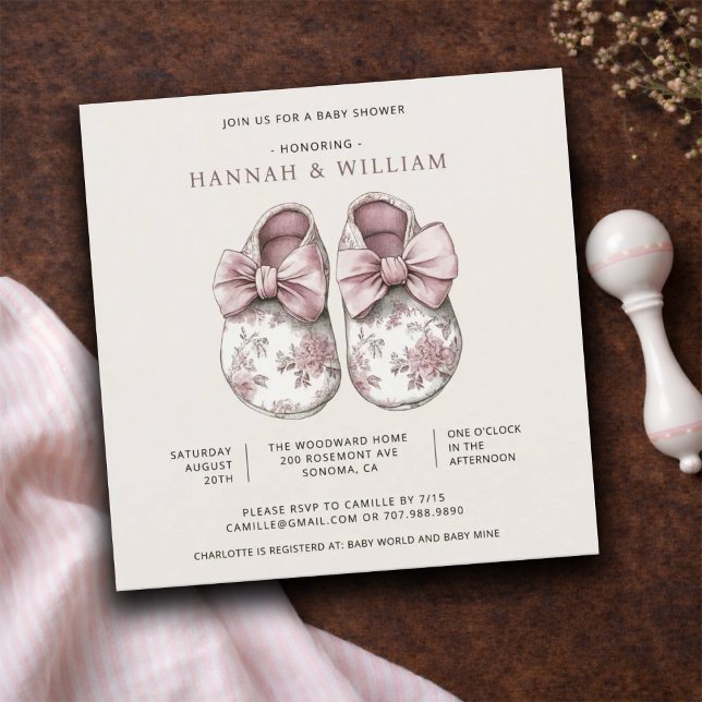 Invitación Blush Pink Toile Baby Booties Baby Girl Shower. (Subido por el creador)