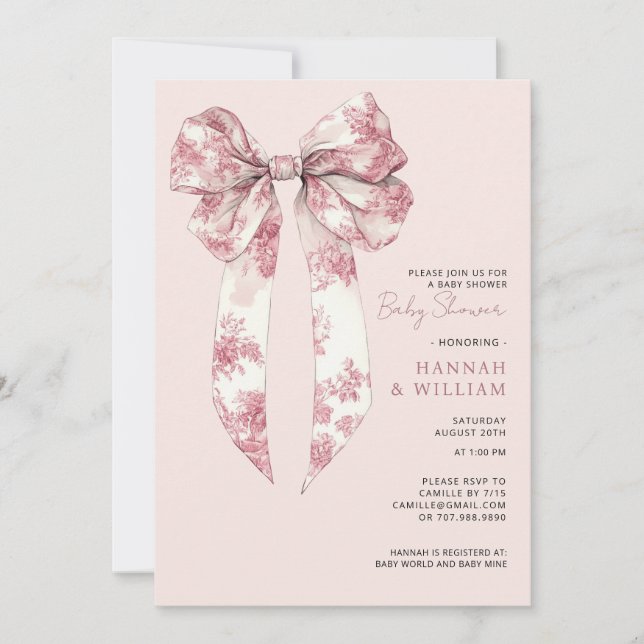 Invitación Blush Pink Toile Coquette Ribbon Girl Baby Shower (Anverso)