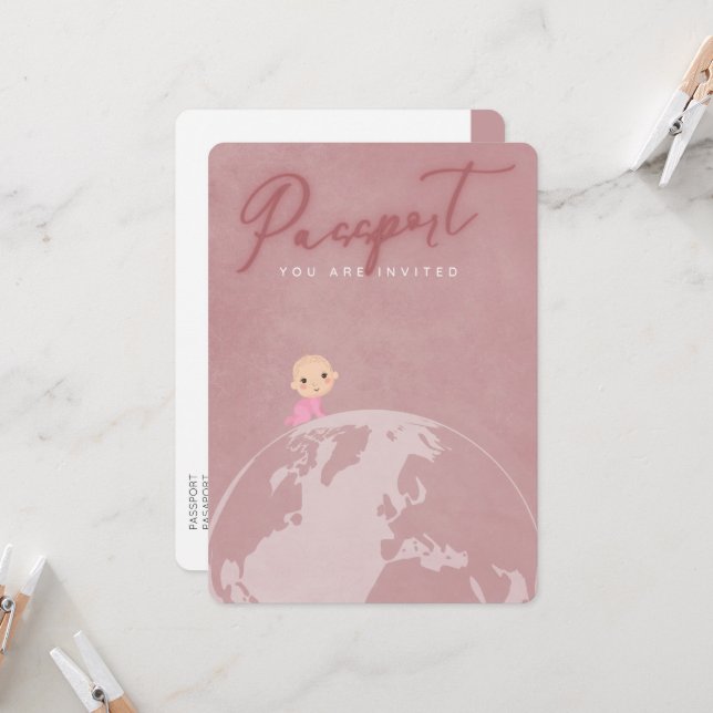 Invitación Blush pink travel passport girl baby shower  (Anverso/Reverso In Situ)