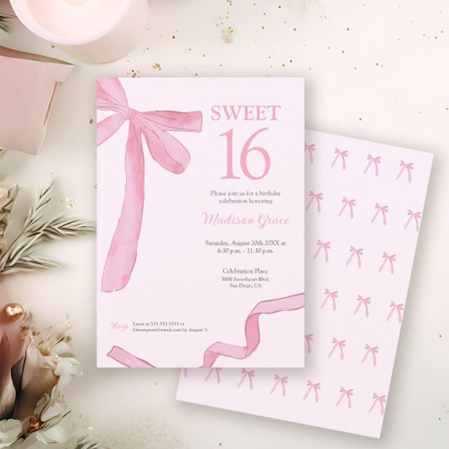Invitación Blush Pink trendy Bow Ribbon Coquette Sweet 16  (Coquette Blush pink ribbon bow Sweet 16 birthday invitation in print and digital download.)