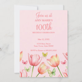 Invitación Blush Pink Watercolor Tulips 100th Birthday Party 