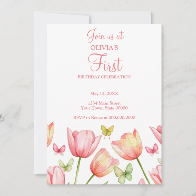 Invitación Blush Pink Watercolor Tulips 1st Birthday Party  (Anverso)