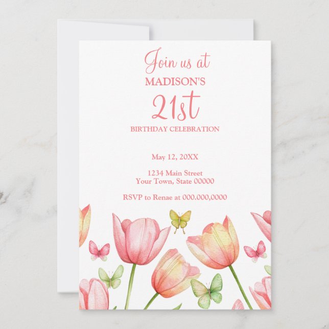 Invitación Blush Pink Watercolor Tulips 21st Birthday Party  (Anverso)