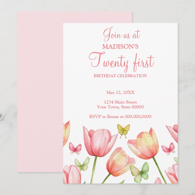 Invitación Blush Pink Watercolor Tulips 21st Birthday Party  (Anverso / Reverso)
