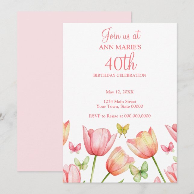 Invitación Blush Pink Watercolor Tulips 40th Birthday Party  (Anverso / Reverso)