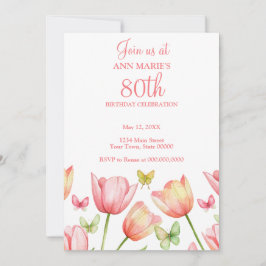 Invitación Blush Pink Watercolor Tulips 80th Birthday Party 