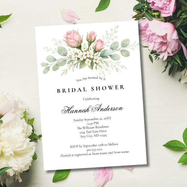 Invitación Blush Pink White Florals Elegant Bridal Shower (Blush Pink Roses Greenery Bridal Shower Invitation. Elegant Formal. Digital or Printed)